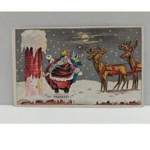 Antique Christmas Postcard Santa Claus on Roof with Reindeer Unposted Divided